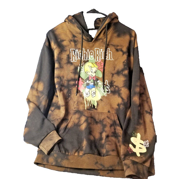 Richie Rich Hoodie Men Med Brown Black Graphic Pullover Tie Dye Drawstring Skate - Picture 1 of 9